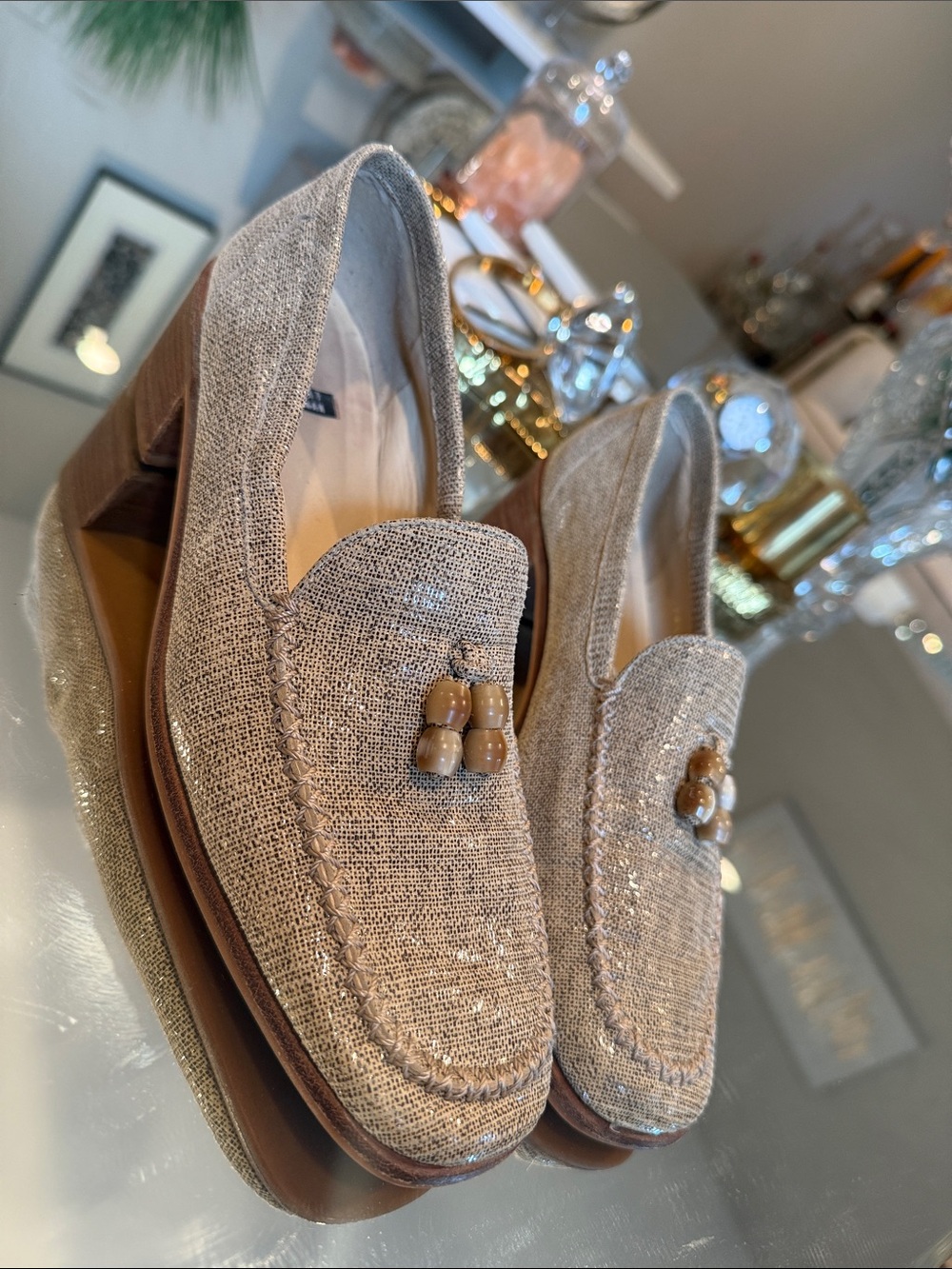 Stuart Weitzman Beige Linen-Textured Loafers with Wooden Bead Accent